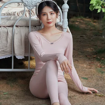 

Ladies Seamless Body Thermal Underwear Set Autumn and Winter Double-sided V-neck Lace Full-body Terry Autumn Clothes Long Pants