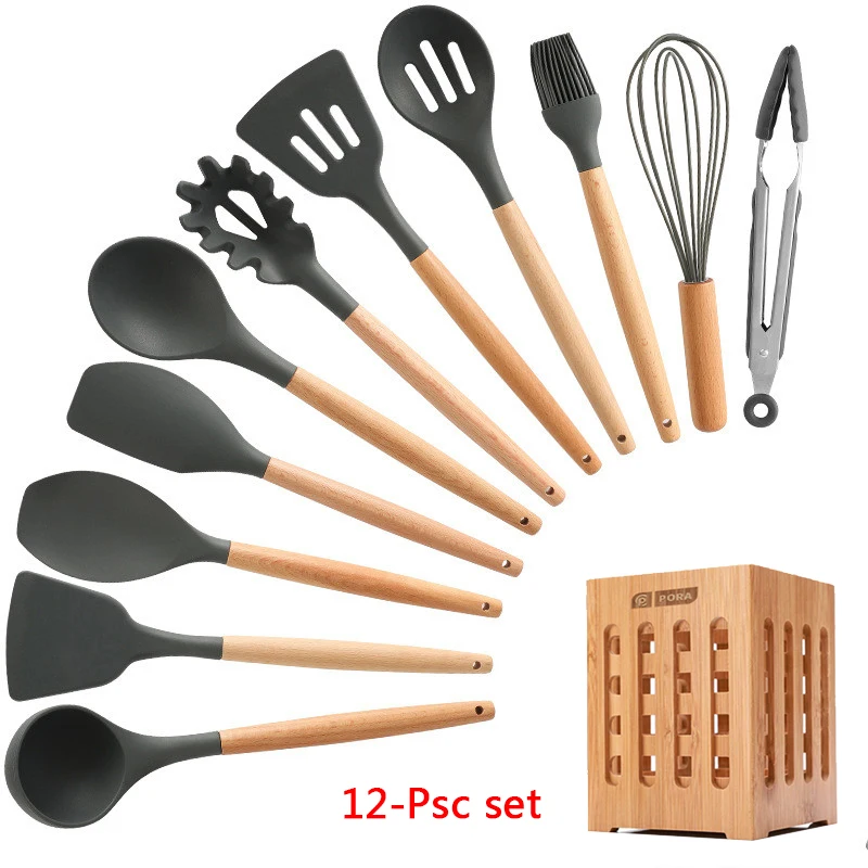 12-Pcs kitchen set Силиконовые набор для кухни 11/12/13 шт, кухонный набор,набор кухонных принадлежностей, антипригарным,деревянной с лопатки, ложка,половник,Кухня инструменты,кухонная утва,серый,кухонные принадлежности из силикона - Цвет: 12-Pcs kitchen set