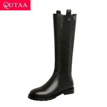 

QUTAA 2021 Knee High Women Boots Casual Round Toe Slip on Women Shoes Cow Leather PU Fashion Square Heel Long Boots Size 34-39