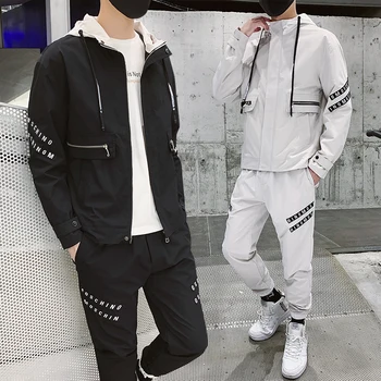

Men's sportswear Set Fashion Letter print Casual Jacket+Sports Pants 2 Piece Autumn Sets Zipper black Casual jogging Sportswear