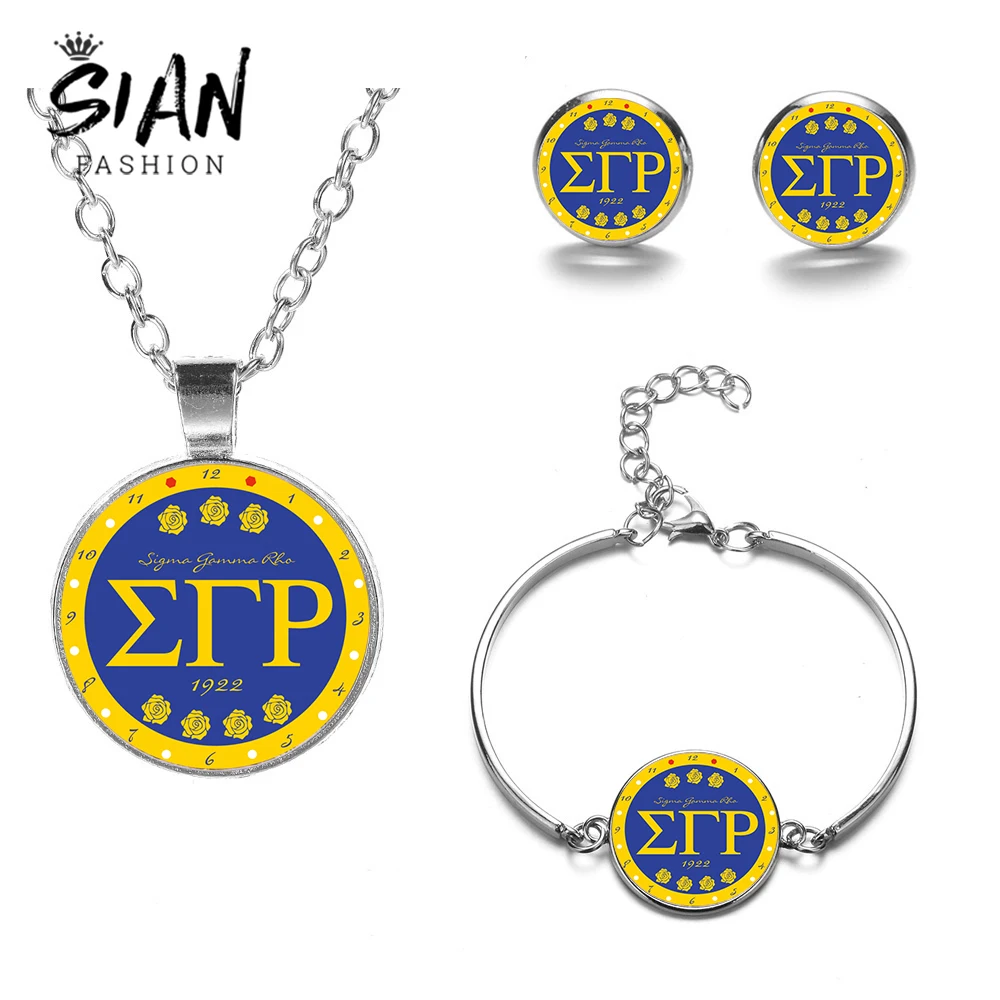 SIAN новейший женский набор ювелирных изделий Sigma Gamma Rho SGR с изображением греческих букв, длинное ожерелье, браслет, серьги, подарок