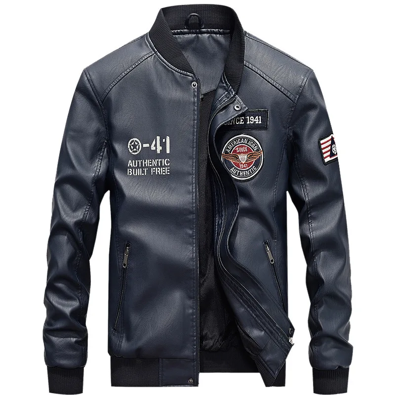 Кожаная куртка-бомбер для мужчин осень зима ПУ мотоциклетная куртка флисовая теплая бейсбольная куртка с воротником облегающие мужские военные куртки - Цвет: Royal Blue FK107