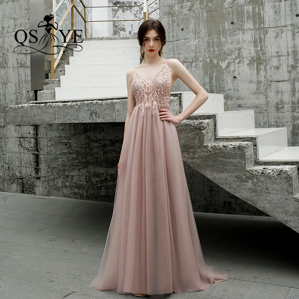 

QSYYE 2019 New Arrival Long Prom Dresses Tulle V neck spaghetti strap Beading lace Floor Length Formal Evening Dress Party Gown