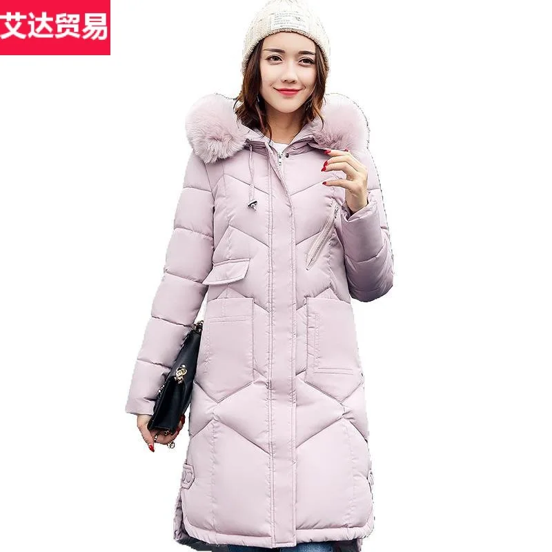 

2018 off Season Europe And America down Feather Cotton-padded Clothes Women's Mid-length over-the-Knee Slim Fit Large Fur Collar