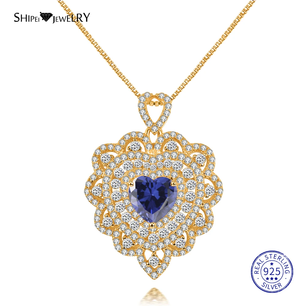 Shipei 925 пробы Серебряное ювелирное изделие розовое золото Белое золото сапфир сердце кулон ожерелье для женщин Подарок на годовщину