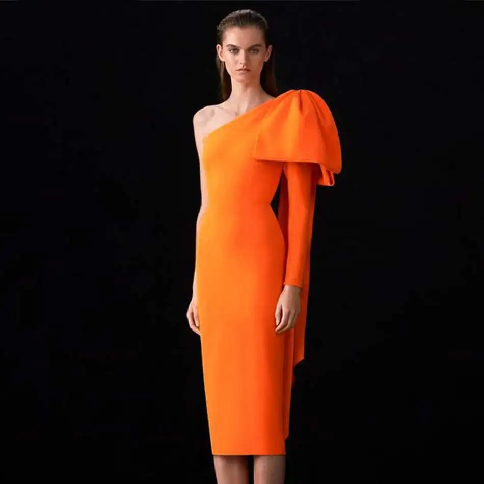 New Arrival Bandage Dress Woman 2021 Long Sleeve One-Shoulder Bow Orange Sexy Club Celebrity Party Bodycon Dress Women Vestidos