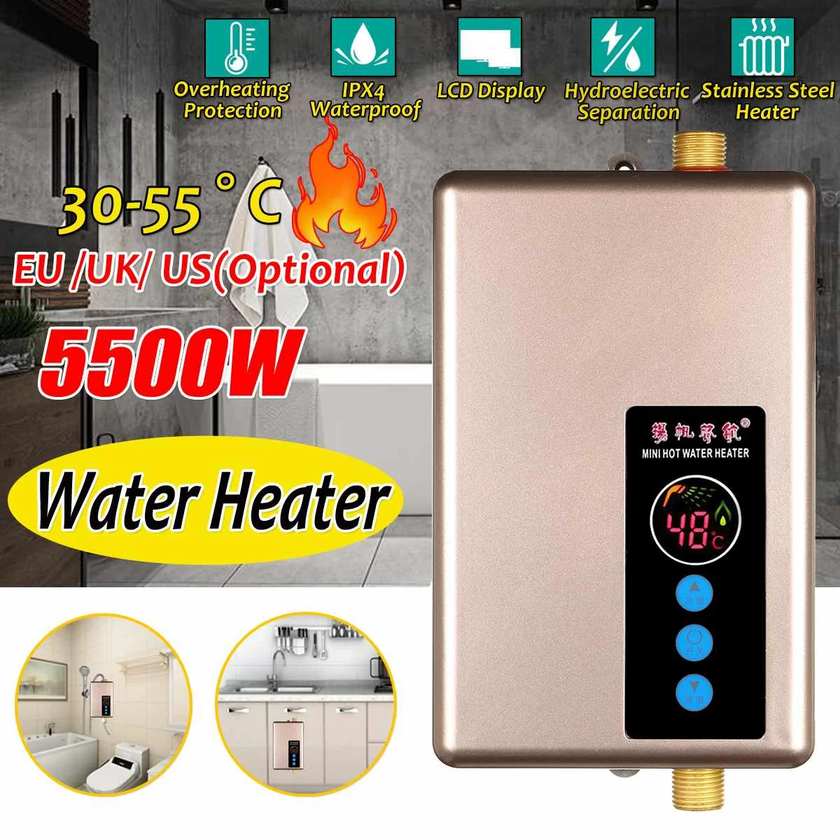 

EU/US/UK Plug Instant Electric Water Heater Tankless water heater Shower Instant Hot Water for Bathroom 5500W W/ Digital screen