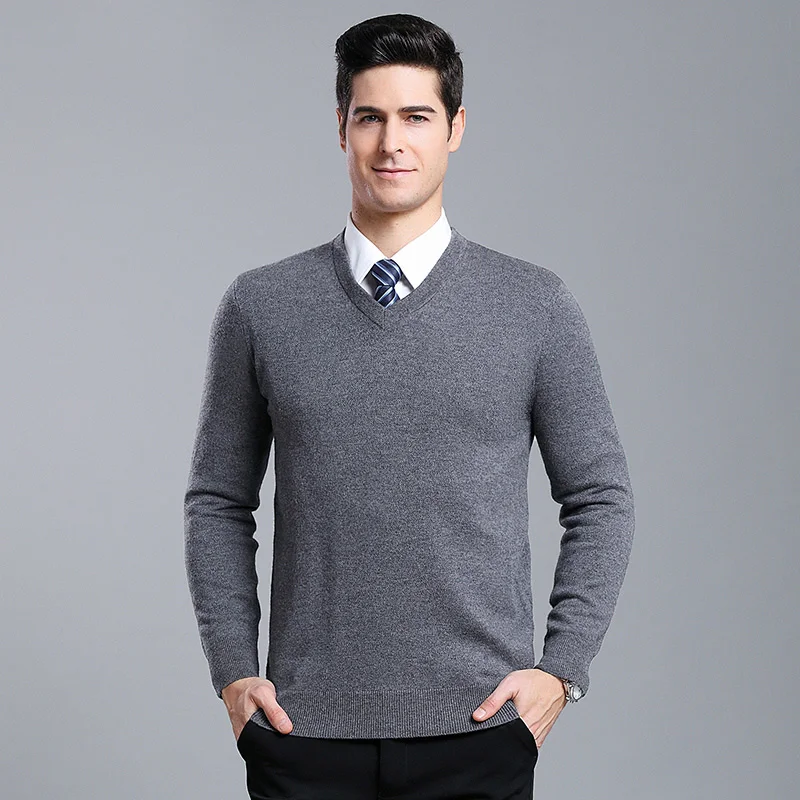 6% Wool New Fashion Brand Sweater For Mens Pullovers V Neck Solid Color Jumpers Knitwear Autumn Slim Fit Casual Clothing Male - Цвет: Mid Gray