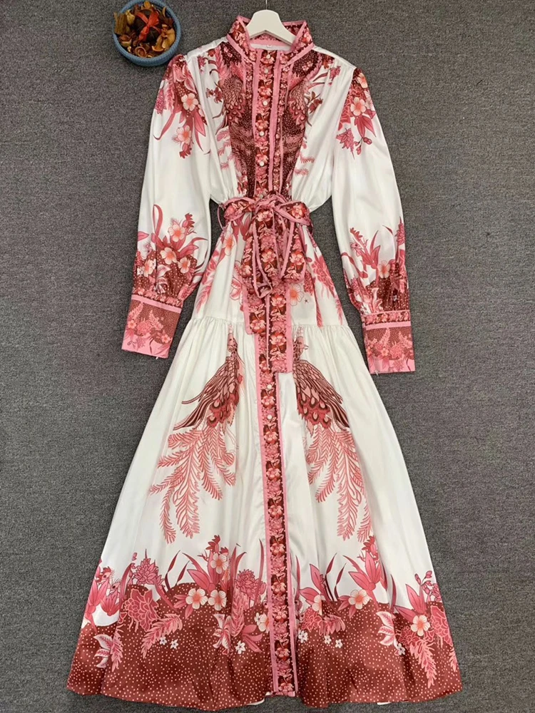 LINGHAN Elegant Print Single-Breasted Long Dress Women's Stand Lantern Sleeve Lace Up party Dresses Autumn Runway New