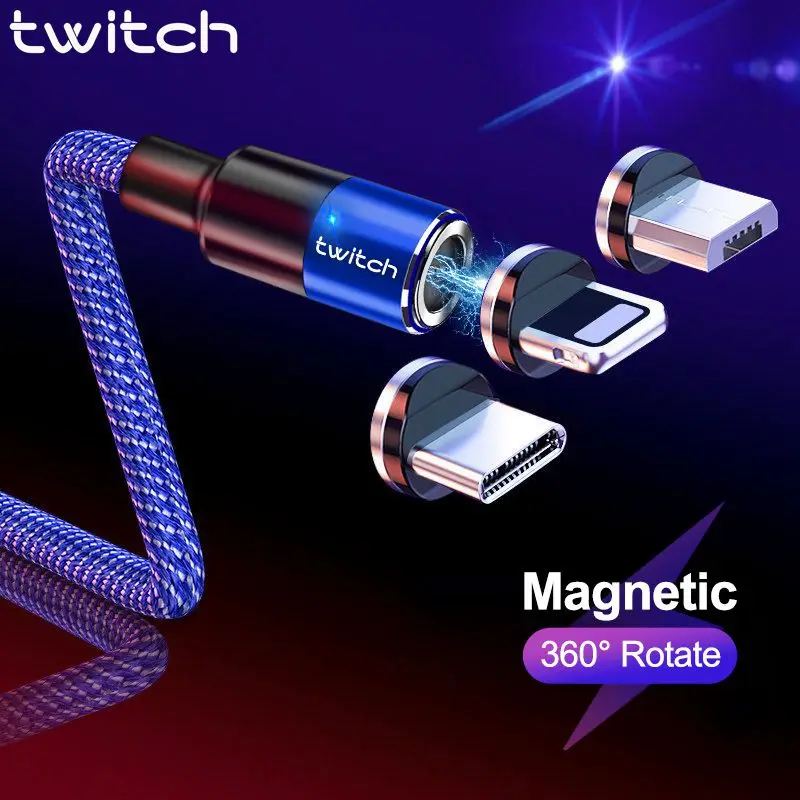 Магнитный кабель Twitch T02 Micro USB Type-C для iPhone 3A шнур быстрой зарядки провод магнитное