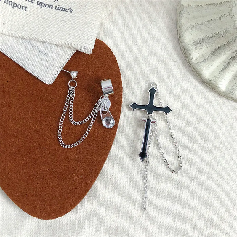 Fashion Punk Black Cross Drop Earrings For Teens Vintage Rock Pride Long Chain Butterfly Ear Cuffs Women Earrings Girls Jewelry