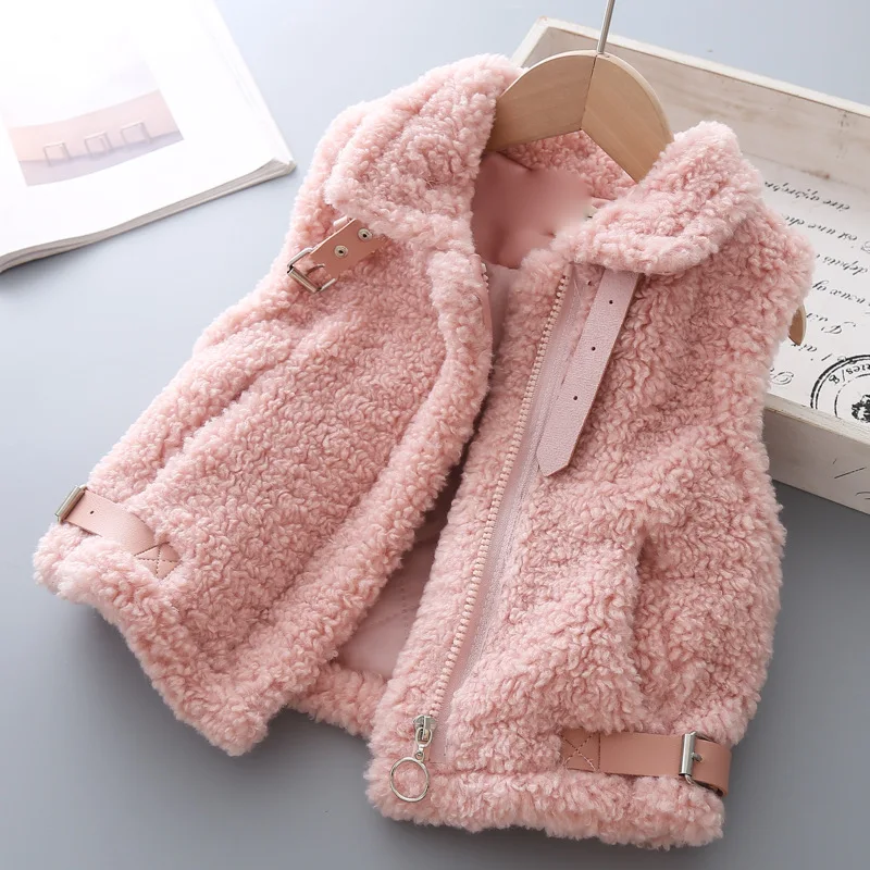 Пальто из овчины для девочек, жилет на осень и зиму, плюшевый жилет, теплый жилет для девочек, детский жилет - Цвет: Розовый
