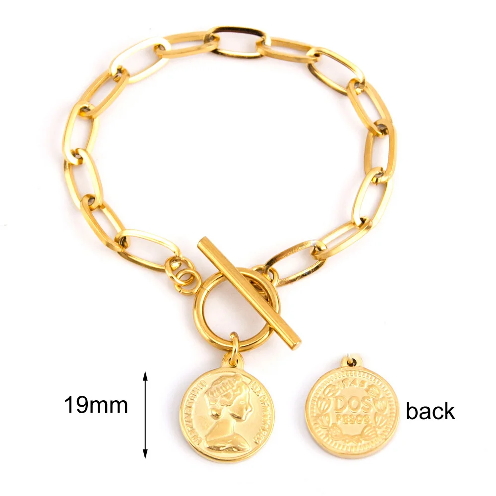 OT-19mmCoin-Gold Модный женский браслет из нержавеющей стали, серебряный/золотой цвет, Т-образная полоска, плоская линия, овальная цепочка, женский браслет, Прямая поставка, ювелирное изделие - Окраска металла: OT-19mmCoin-Gold