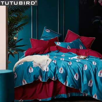

Classical Egyptian cotton bedding set Red Blue Boho pastoral bed sheet girls European Satin bedclothes
