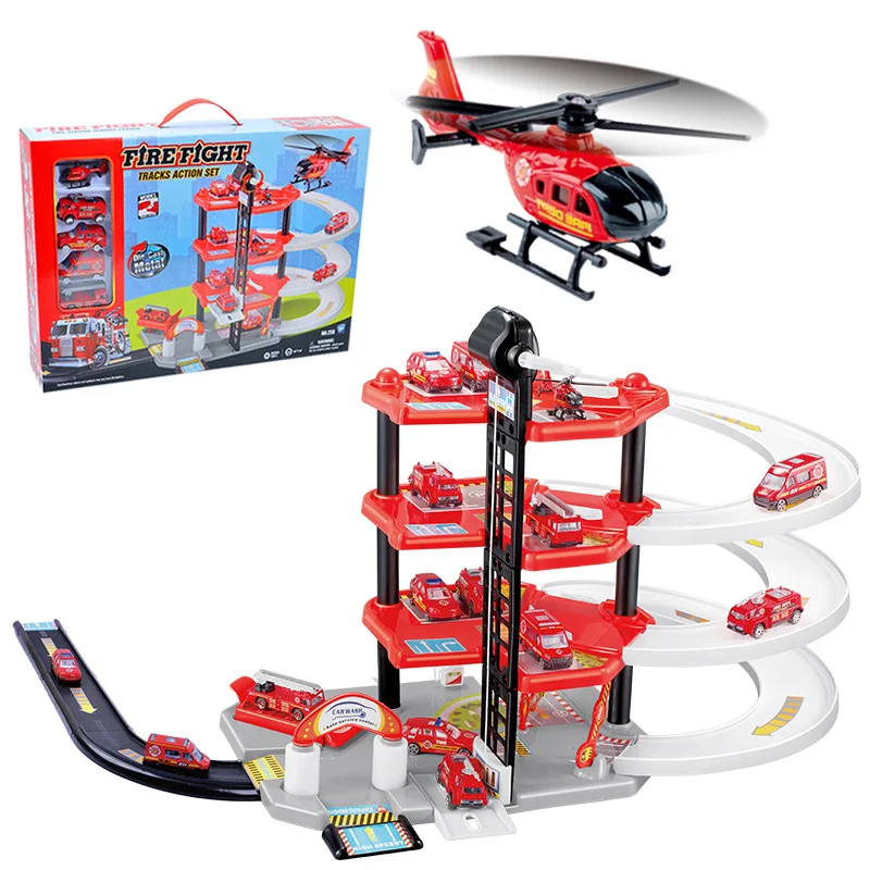 

Children Large Size Camera Track Parking Lot Toy Four Layer DIY Fire Truck Alloy Camera Track Car Play House a