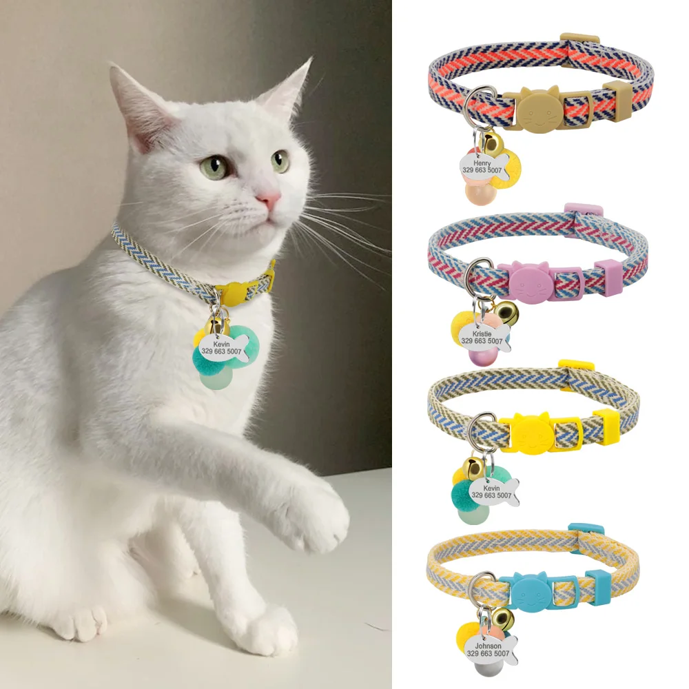 

Personalized Cat Collar Safety Puppy Kitten Collar Quick Released Necklace With Customized Fish ID Tag Free Bell Accessories