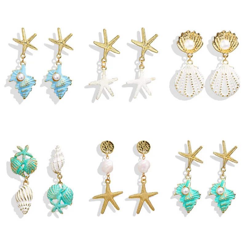 

Hot Beach Drop Earrings For Women Jewelry Gift 6 Styles Sea Star Alloy Shell Dangle Earrings Vintage Boho