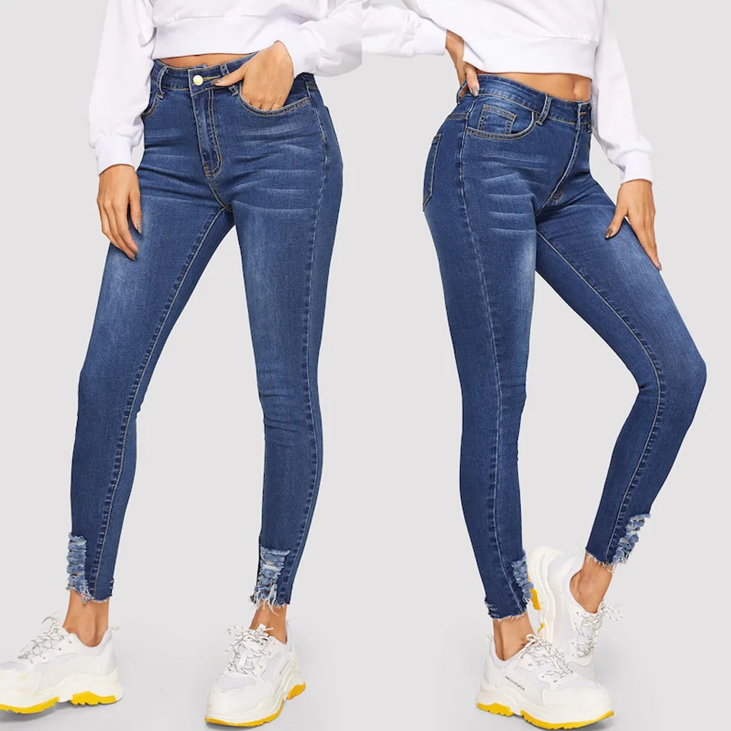 Women Autumn Winter Jeans new Fashion Women High Waist Button Ripped Zipper Pocket Trousers Jeans Casual Denim Pants L1009