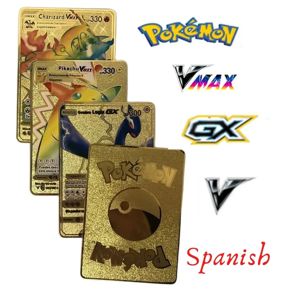Spanish Pokemon Metal Card Pikachu Fire-breathing Dragon VMAX Gold V/GX/OX Card Toys Play Games Collection Card Children's Gifts