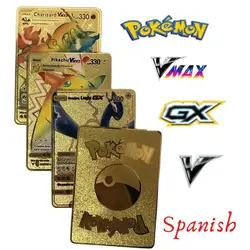 Carte en métal pokémon espagnol, Pikachu, Dragon VMAX, qui respire le feu, or V/GX/OX, jouets, Collection, cadeaux pour enfants 