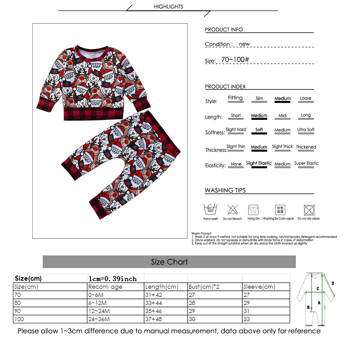 Free shipping 2pcs Kids Toddler Baby Plaid Christmas Cartoon deer Clothes Suit Shirt+ Pants 0-36M baby boy girl clothes