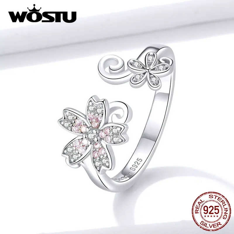WOSTU, настоящее 925 пробы, серебряное кольцо с цветком сакуры для женщин, розовый циркон, открытый размер, кольца для свадьбы, помолвки, ewelry DAR086