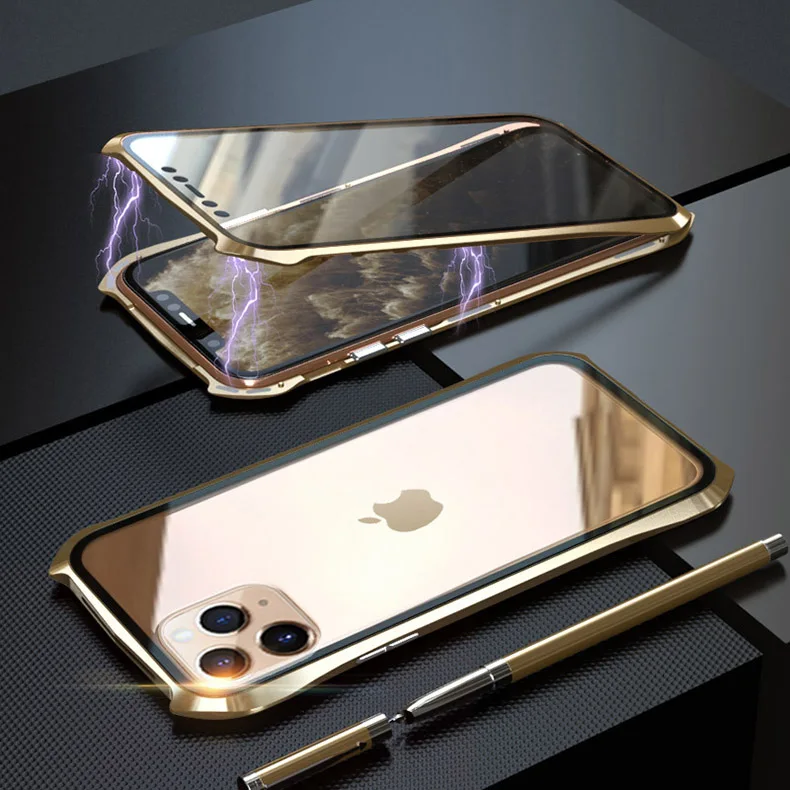 Роскошный Алюминиевый металлический бампер двухсторонний прозрачный стеклянный Магнитный чехол для Apple iPhone 11 Pro Max Magnet Case 360 Защитный чехол - Цвет: Gold