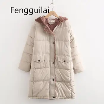 

Women Thick Warm Solid Beige Hooded Long Padded Jackets Coat Famale 2020 Winter Fashion Street Stylish Outwear Parka Jackets