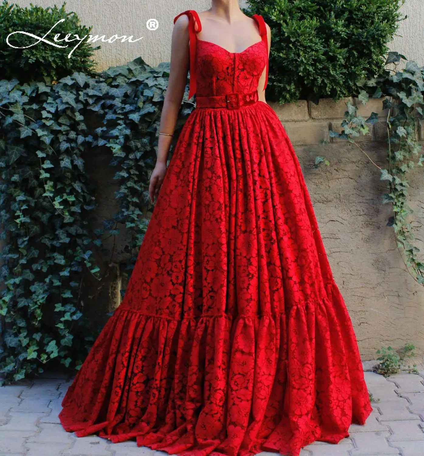

Leeymon Elegant Red Lace Evening Dress Sweetheart straps Party Gown robe de soiree Long Dress