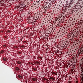

High quality soft mesh lace fabric Wine red sequins embroidery material Fashion clothes tissus