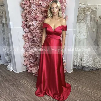 

Burgundy Red Satin Evening Gown Simple A-line Long Evening Dresses Off The Shoulder Formal Party Dresses Vestido De Noche