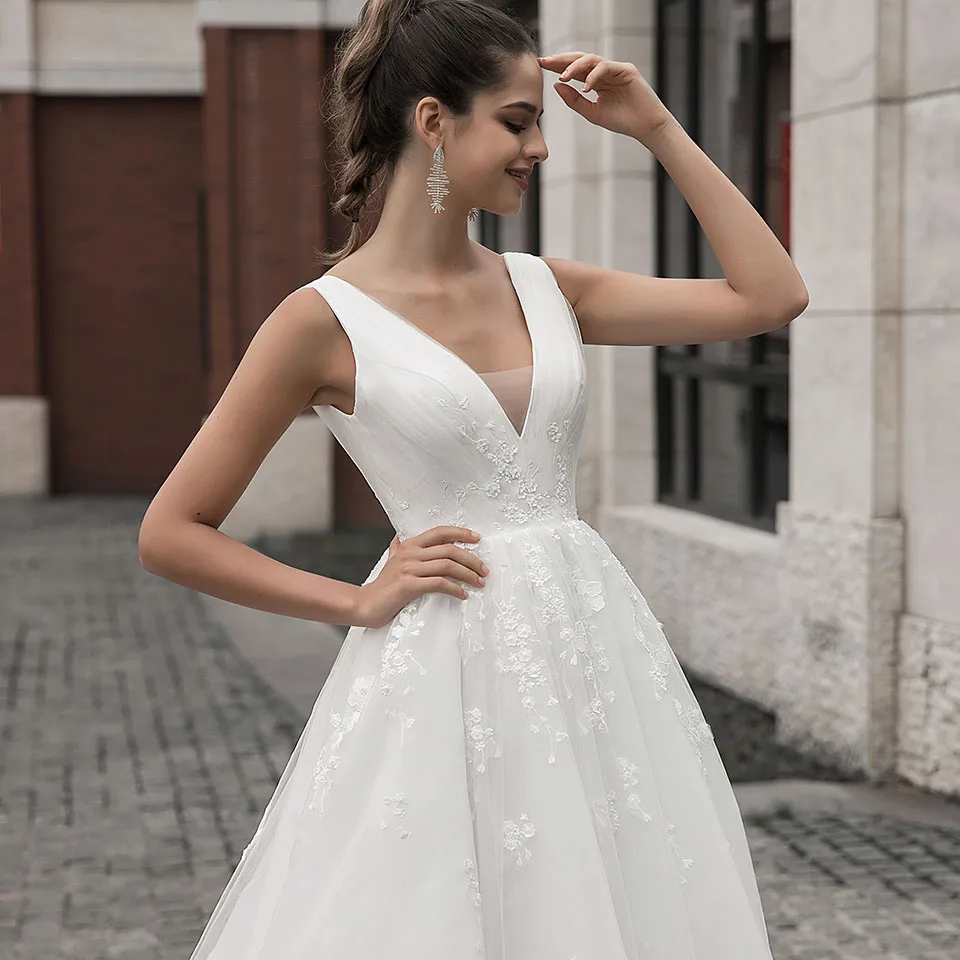 Dressv свадебное платье с v-образным вырезом, трапециевидная аппликация, без рукавов, со складками, со шлейфом, на молнии, для улицы и церкви, свадебное платье es