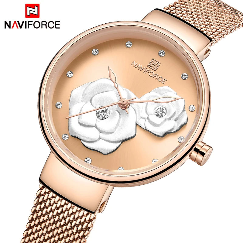 

NAVIFORCE Luxury Ladies Watches Fashion Creative 3D Rose gold Women Wristwatch Mesh Steel Waterproof Clock Girl Relogio Feminino