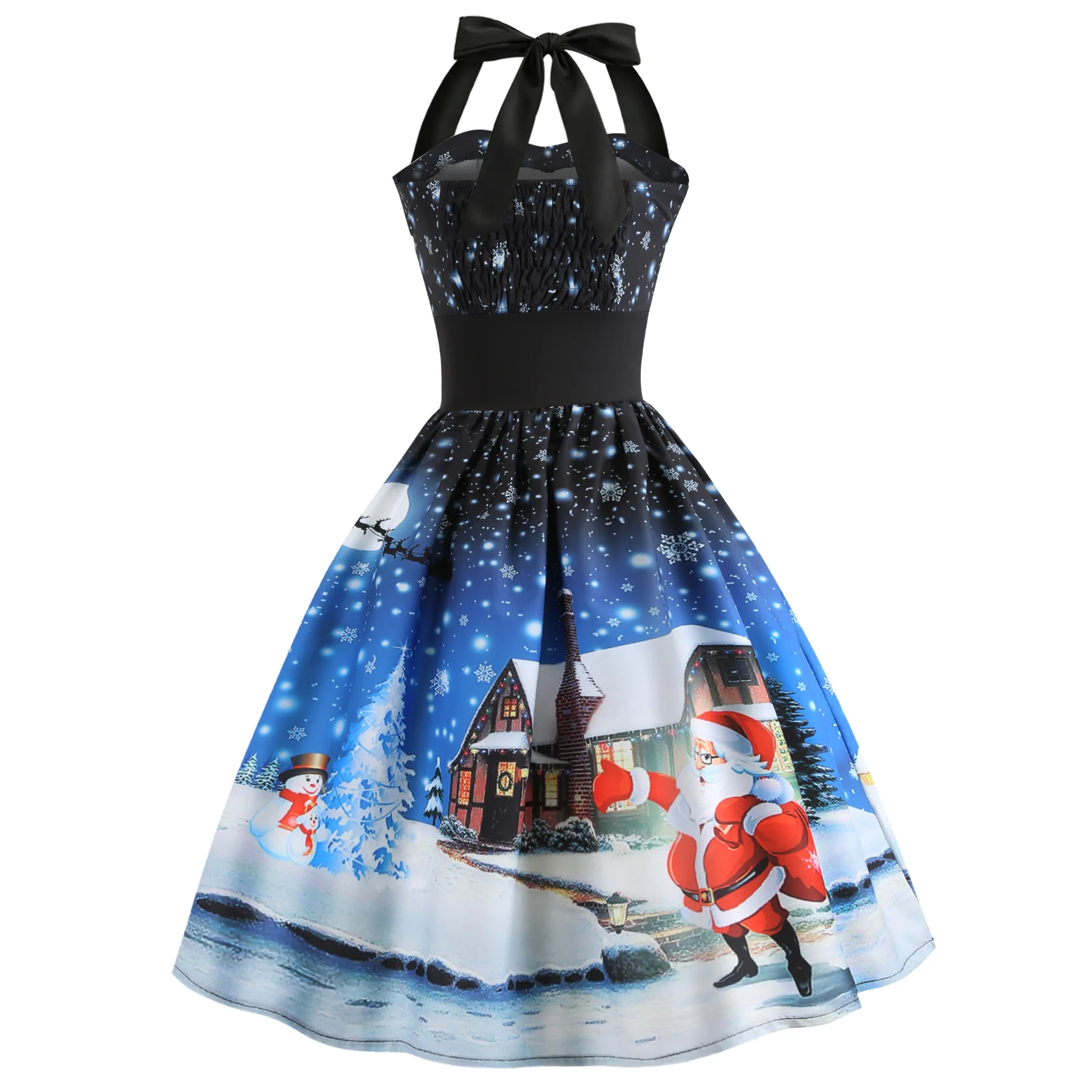 Рождественское винтажное платье Хепберн с бретельками на шее, платье без рукавов с вышивкой - Цвет: Синий