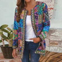 Winter Jacket Cardigan Coats Ethnic-Style Floral-Print Women Outerwear Long-Sleeve Vintage