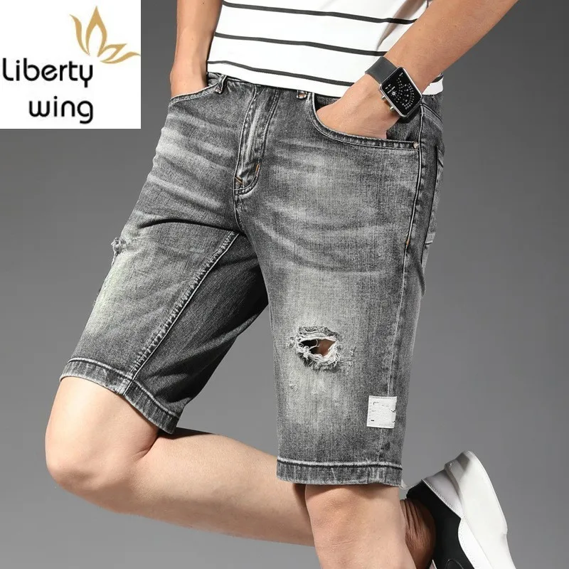

Джинсы мужские прямые в Корейском стиле, повседневные байкерские шорты на молнии, Узкие рваные винтажные брюки из денима с дырками, лето