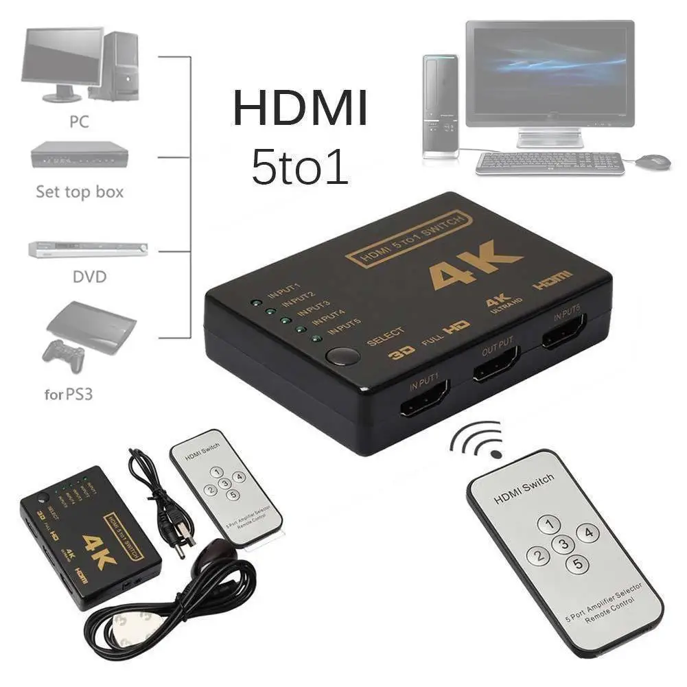 5 портов HDMI концентратор HD 2K* 4K 1080P видео HDMI переключатель сплиттер с ИК-пультом дистанционного разветвителя Селектор для HDTV DVD ноутбука для PS3