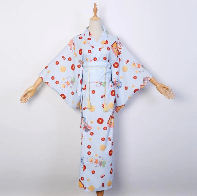 Light Blue Женская японская традиционная Лолита кимоно юката с Obi винтажный карнавальный костюм - Цвет: Light Blue