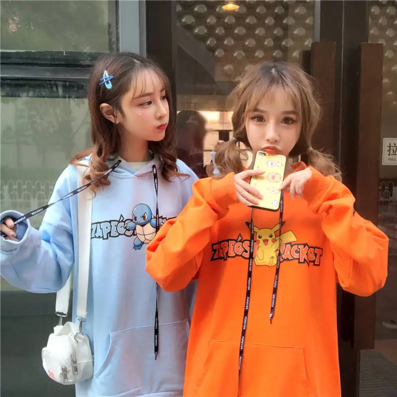 Kawaii толстовка с покемоном Женская милая японская кофта Harajuku Толстовка с длинным рукавом зимняя куртка Пикачу с капюшоном уличная одежда женские топы