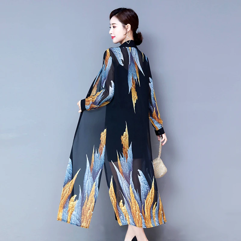 TingYiLi Summer Cardigan Long Chiffon Blouse Shirt Korean Elegant Long Sleeve Ethnic Print Kinomo Cardigan Women 4