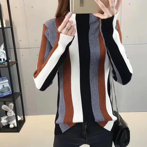 

2019 Autumn Winter Women's Sweater and Pullover Turtleneck Long Sleeve Striped Loose Women Clothing DC799