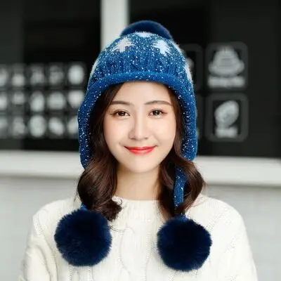 Зимняя женская шапка, комплект с нагрудником, вязаные толстые теплые шапочки с тремя помпонами, Женская Балаклава, многофункциональная шапка, шарф, набор - Цвет: royal blue hat scarf
