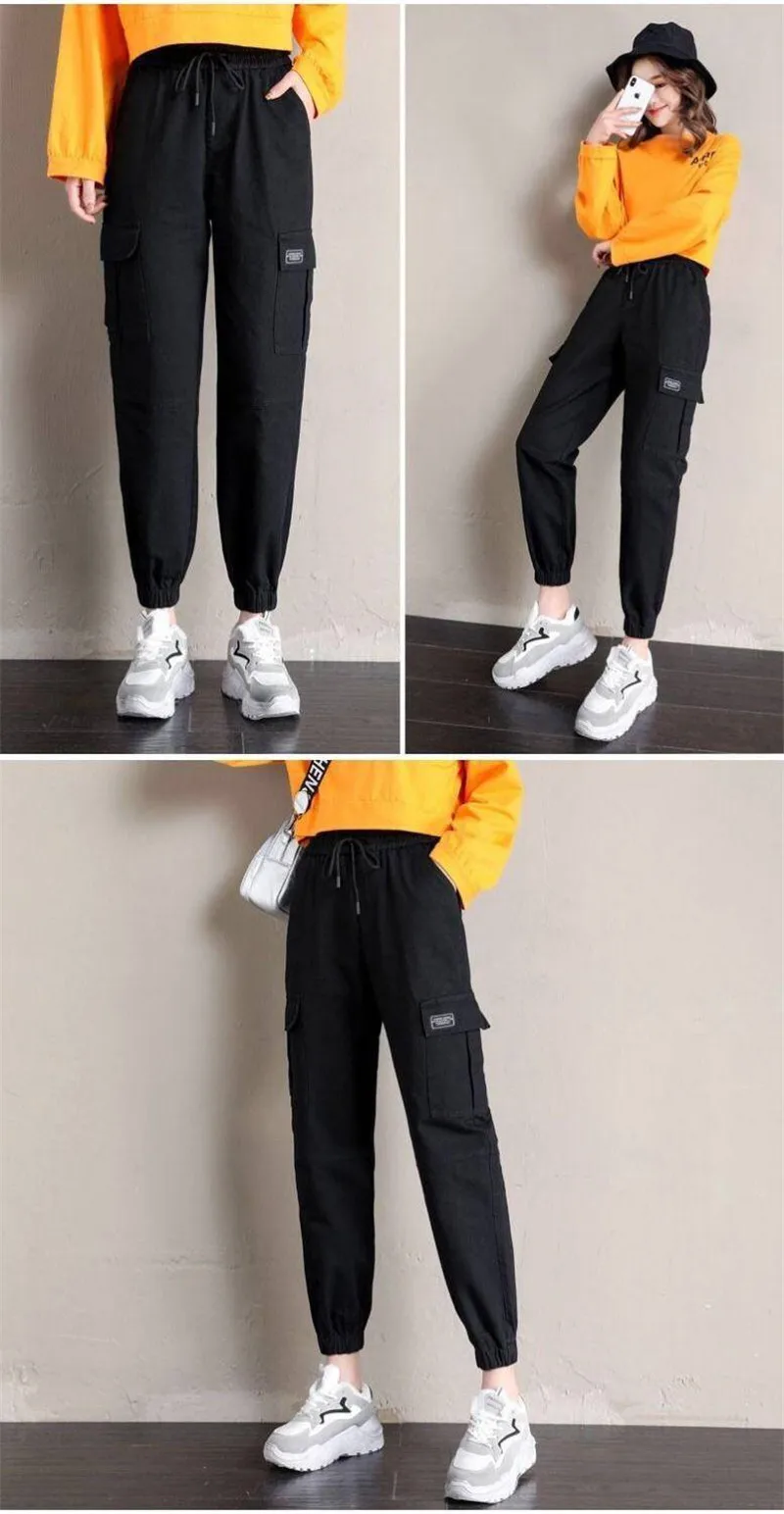 Женские брюки-карго, однотонные свободные, большие спортивные брюки с карманами, повседневные брюки до щиколотки, женские штаны, уличная одежда, штаны в стиле хип-хоп для девочек