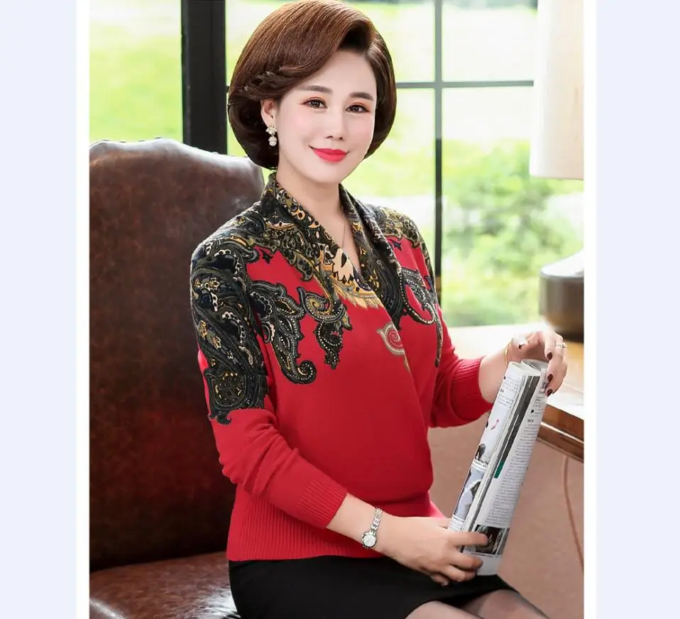 Plus Size 4XL Women's Autumn Winter floral Sweaters Pullovers Warm Bottoming V-neck knit Sweater Tops