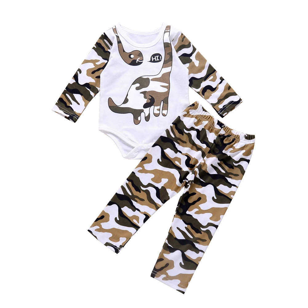

2020 New Fall Autumn 0-24M Infant Baby Girl Boy Camouflage 2Pcs Set Dinosaur Hi Print Long Sleeve Bodysuit+Pants Toddler Outfit