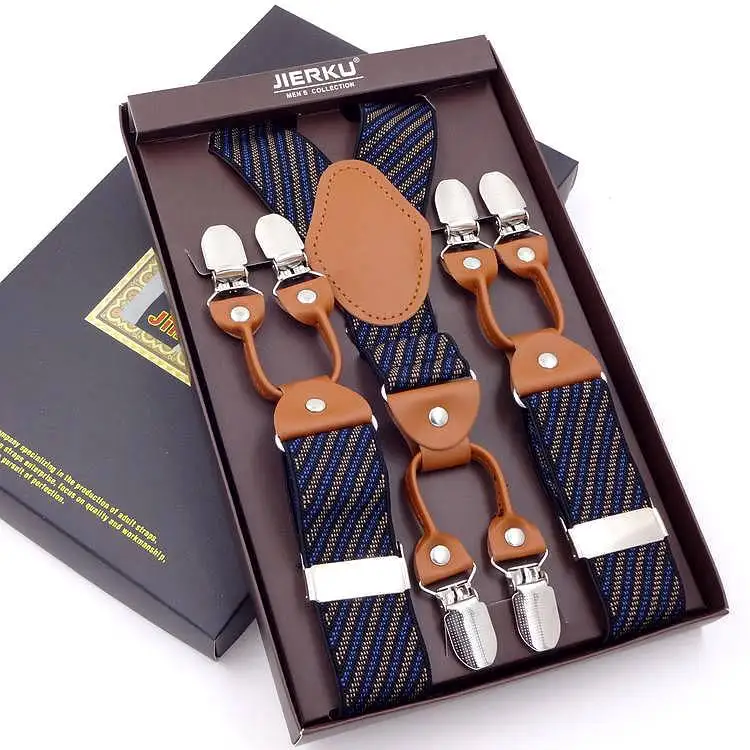 Male Shirt Suspenders Brown PU Leather 6 Clips Suspenders Western-style Trousers Man Braces Adjustable Suspenders Gift Box