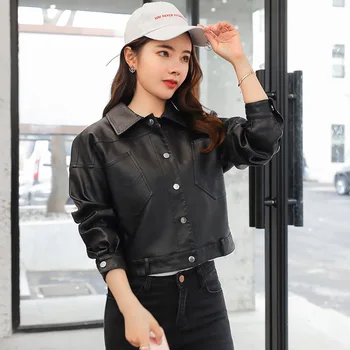 

Women's Korean Bomber Black Faux Leather Jacket Coat 2019 Autumn Winter New Short Motorcycle Outerwear Harajuku Shrug Clothes