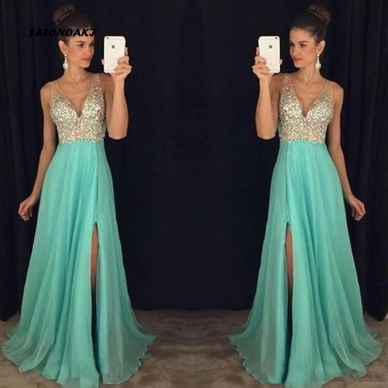 

SATONOAKI Elegant V Neck Prom Dresses Sleeveless Sweep Train Chiffon Side Slit A-line Formal Evening Dresses vestido de noche