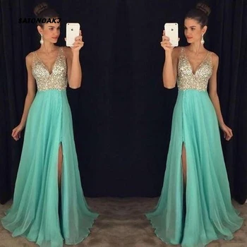 

SATONOAKI Elegant V Neck Prom Dresses Sleeveless Sweep Train Chiffon Side Slit A-line Formal Evening Dresses vestido de noche