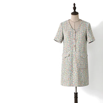 

New double breasted garment front of the small sweet wind energy green white v neck loose dress with short sleeves